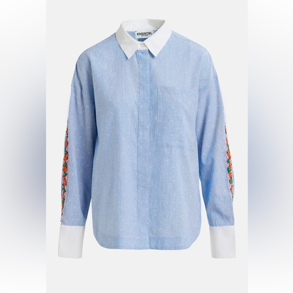 Essentiel Antwerp Harkle Blue Striped Shirt with Floral Embroidery Blouse XS - Picture 2 of 12